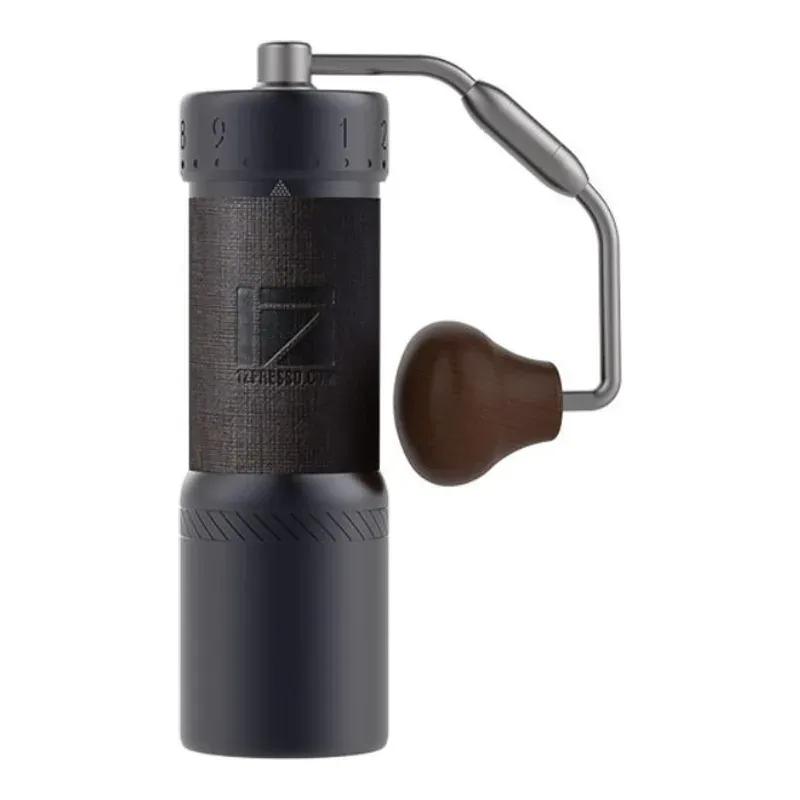 1Zpresso J-Ultra hand grinder in dark grey with a wooden knob, seen from the side