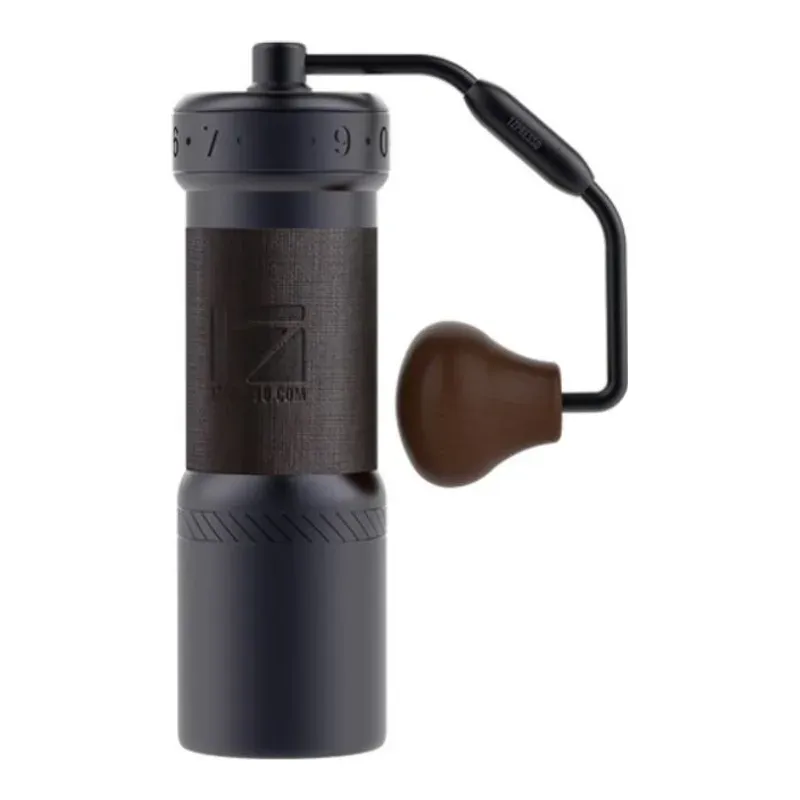 1Zpresso K-Ultra hand grinder in dark grey with a wooden knob, seen from the side