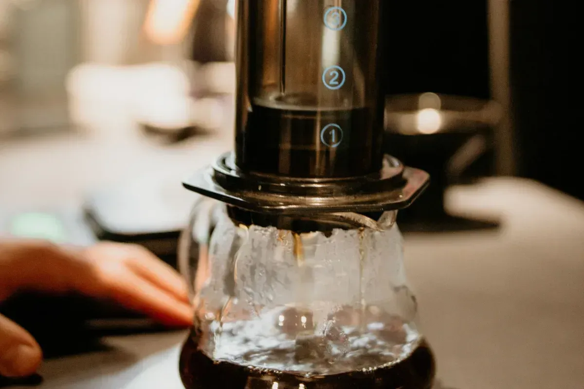 Un barista presse lentement un AeroPress au-dessus d'une verseuse