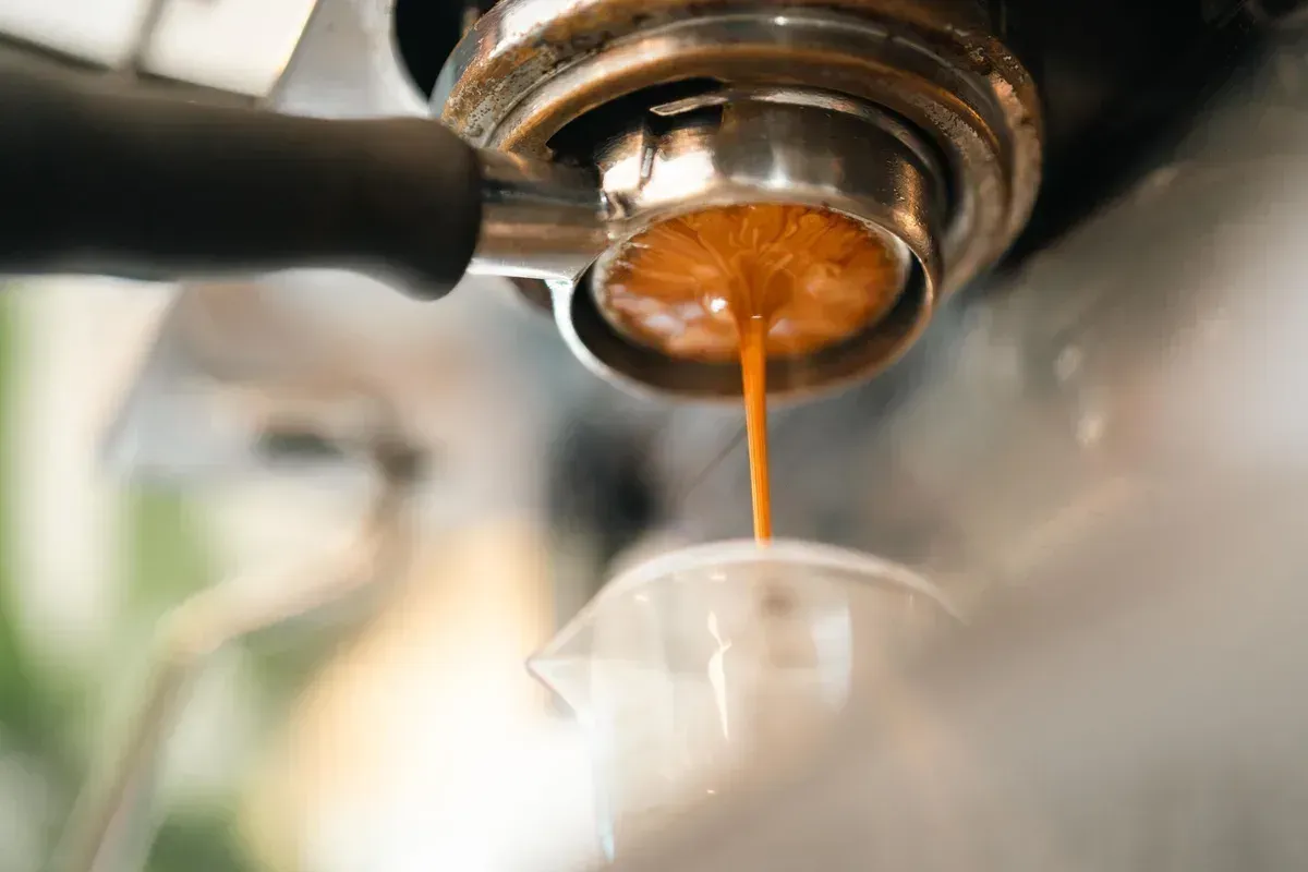Un espresso coule du porte-filtre dans un verre