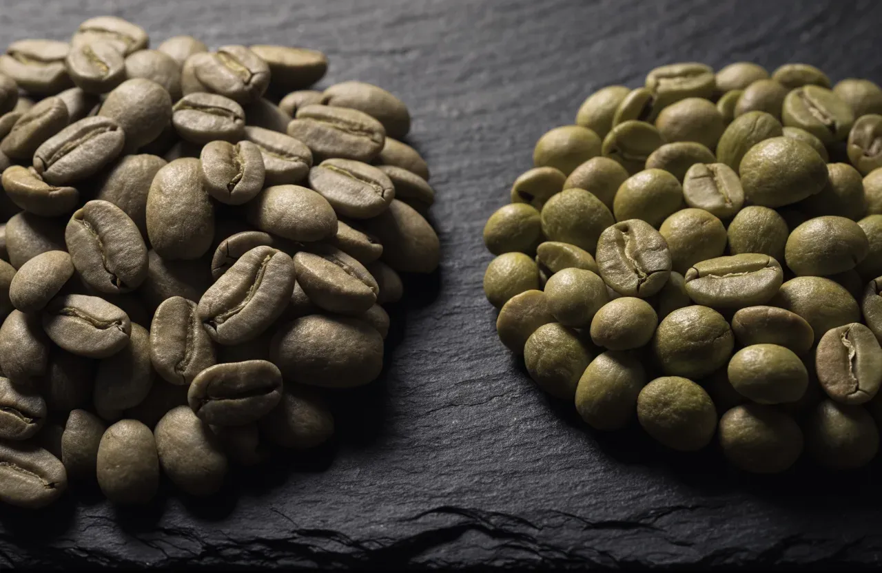 Deux tas de grains de café côte à côte sur de l'ardoise sombre, des grains torréfiés à côté de grains verts