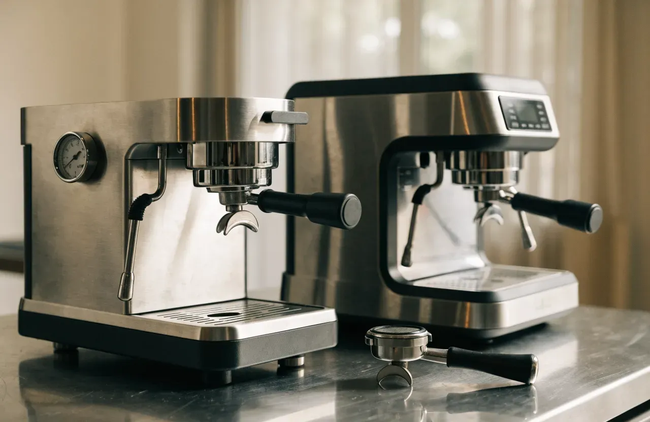 Une machine espresso en acier inoxydable avec un porte-filtre verrouillé dans le groupe, une balance et une tasse sous les becs