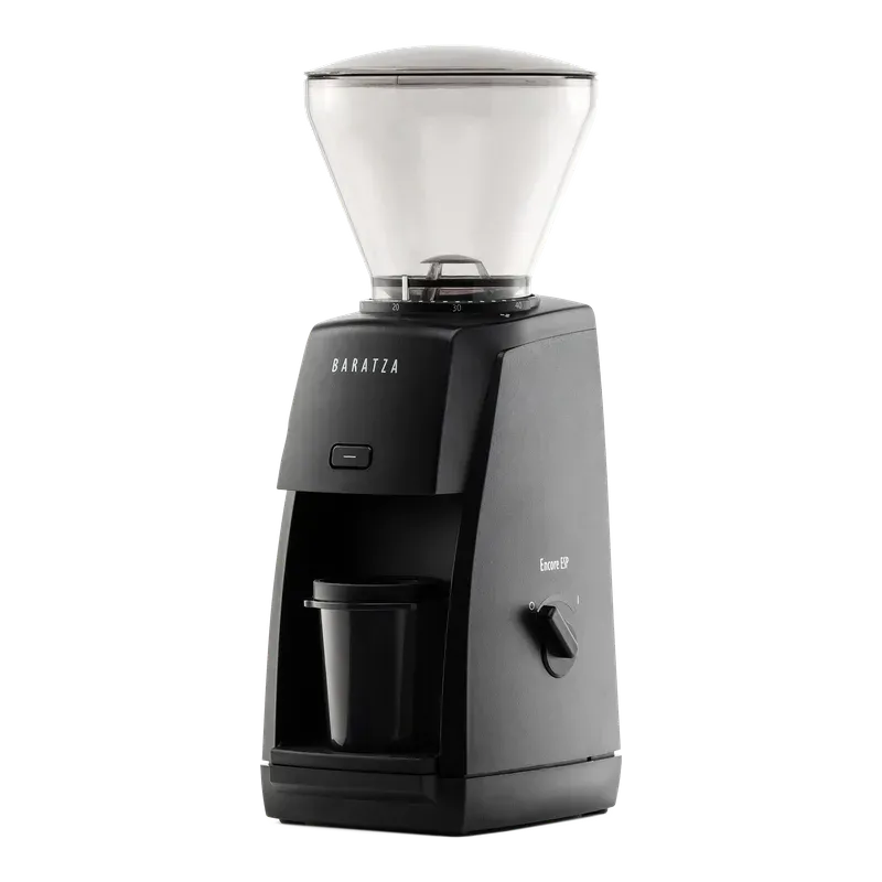 Baratza Encore ESP grinder in black with its dosing cup, seen at a three-quarter angle