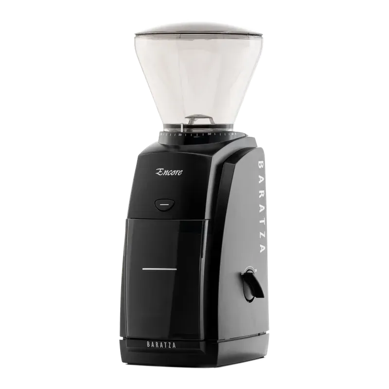 Baratza Encore grinder in black, seen at a three-quarter angle