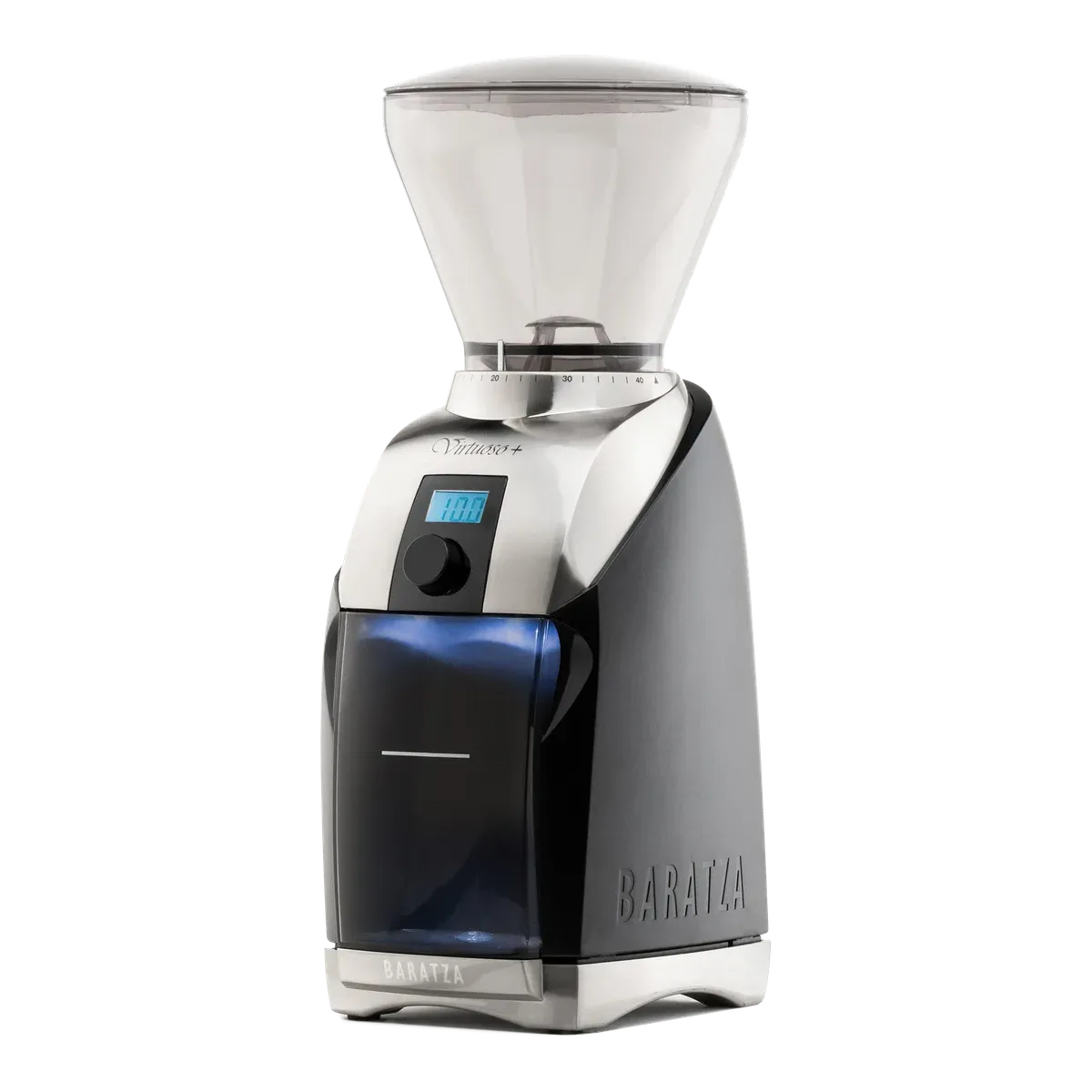 Baratza Virtuoso+ grinder in black and silver with a clear bean hopper, seen at a three-quarter angle