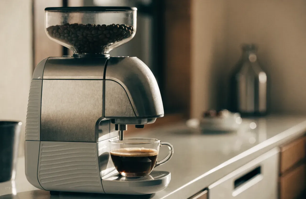 Une machine à grain sur un plan de travail de cuisine, trémie ouverte, versant un double espresso dans deux tasses