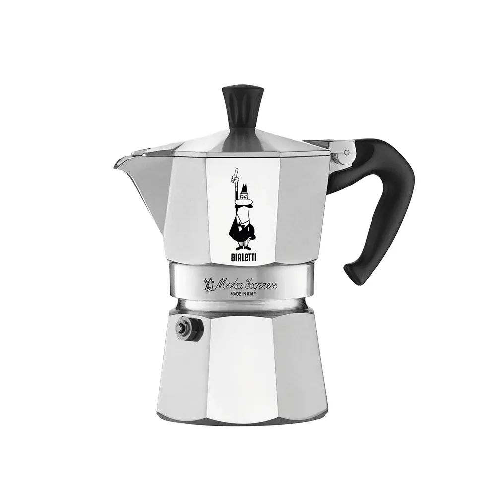 Bialetti Moka Express 3-cup in polished aluminium with a black handle, seen from the side