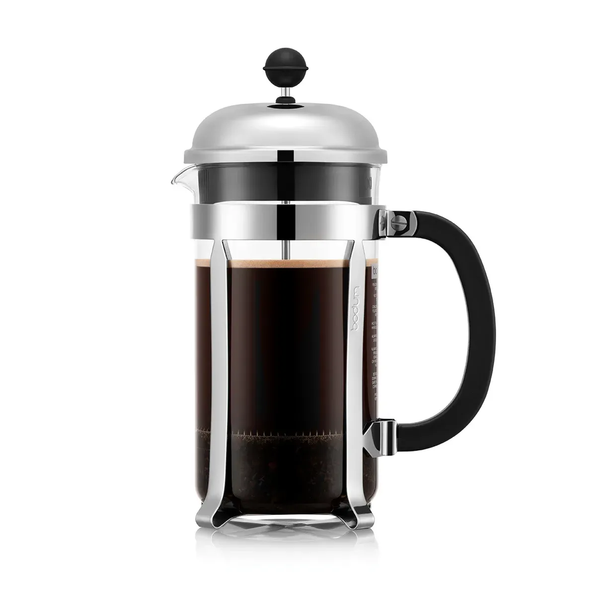 Bodum Chambord 8-cup French press in chrome, full of coffee, seen from the side with the handle on the right