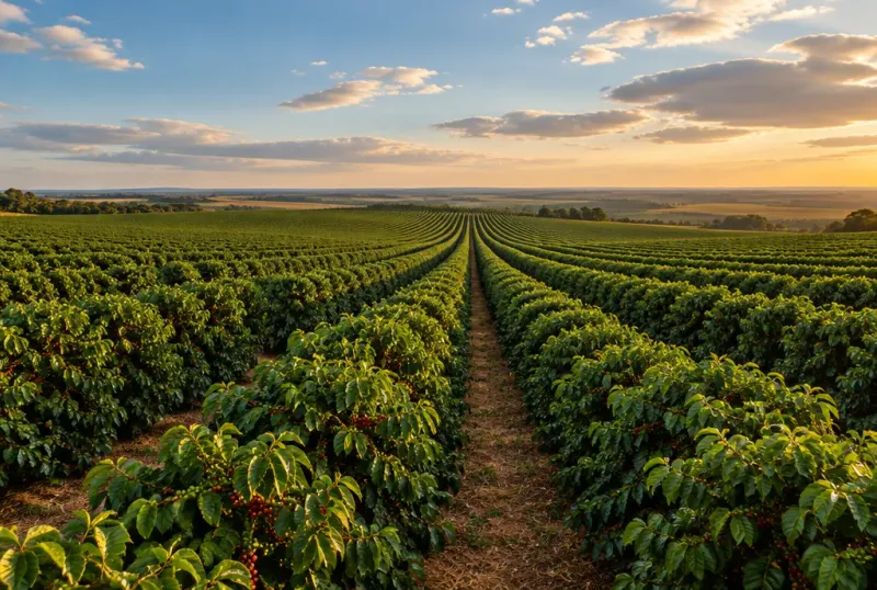 Rangées de caféiers jusqu'à l'horizon sur une plantation brésilienne