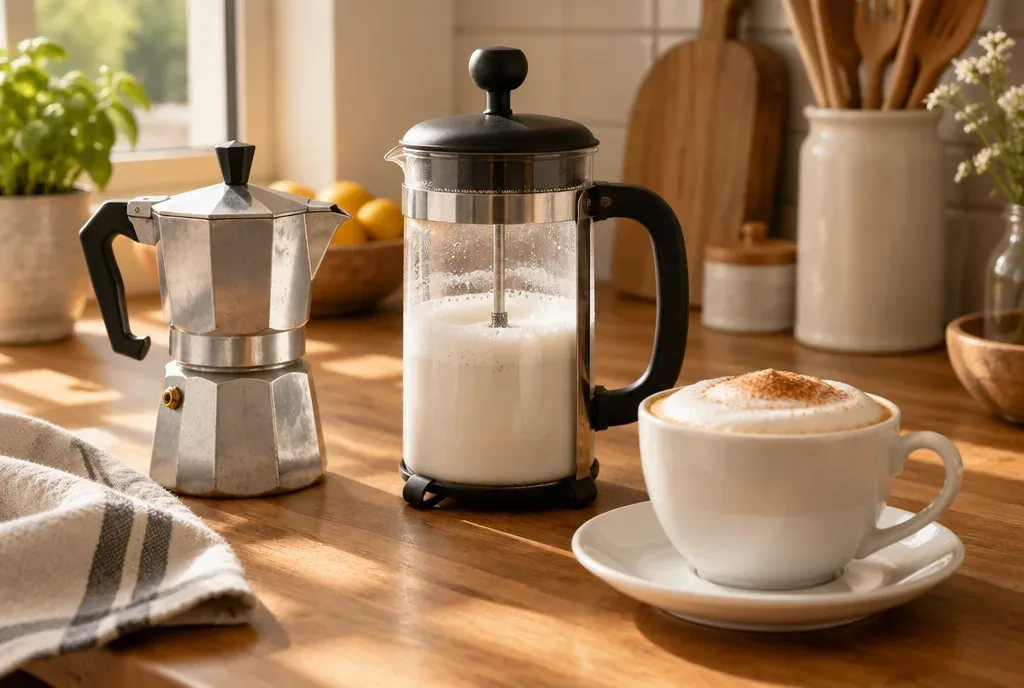 Une cafetière moka et une cafetière à piston utilisée comme mousseur, à côté d'un cappuccino terminé sur un plan de travail