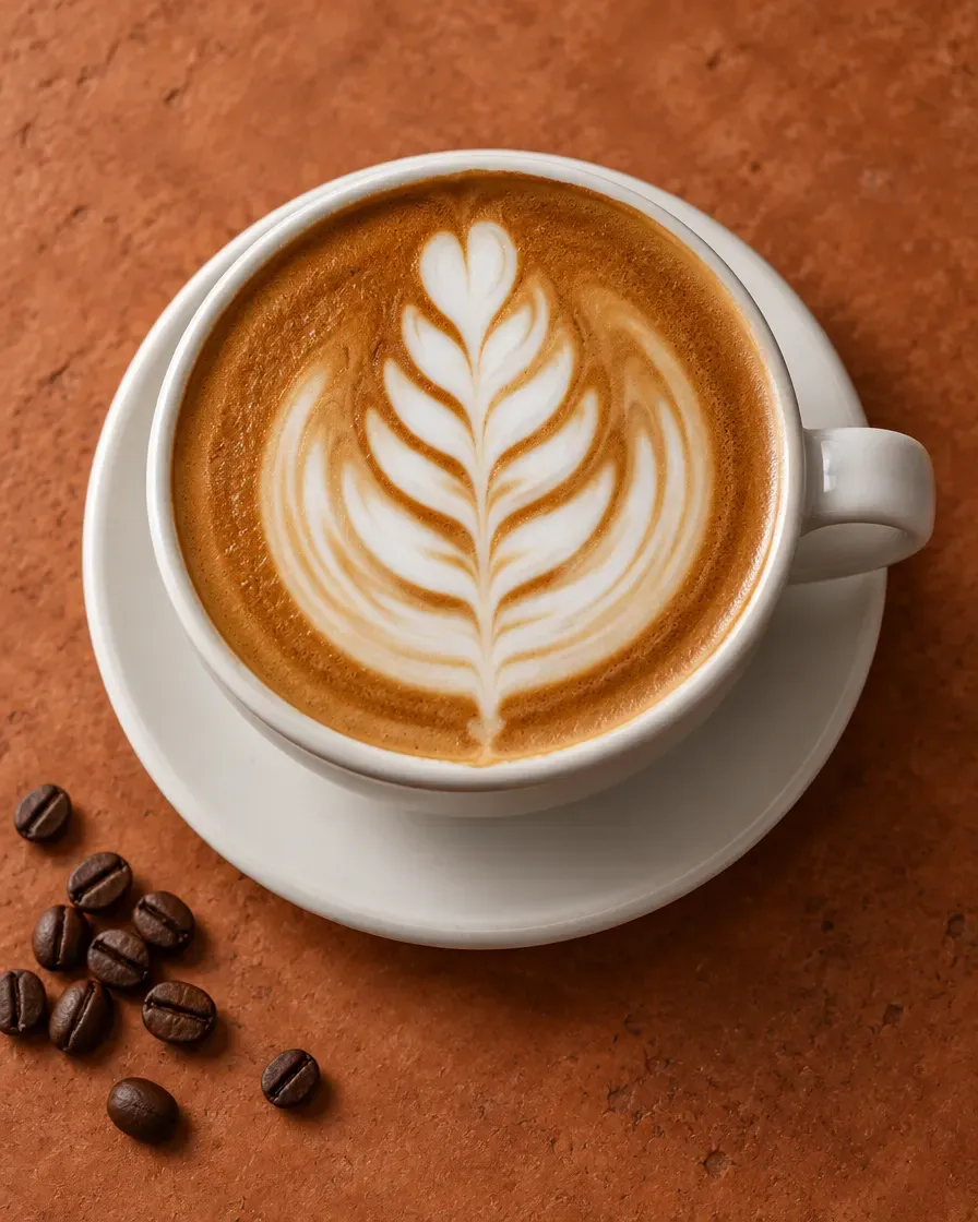 Un cappuccino dans une tasse en céramique blanche, avec une rosetta versée dans la microfoam