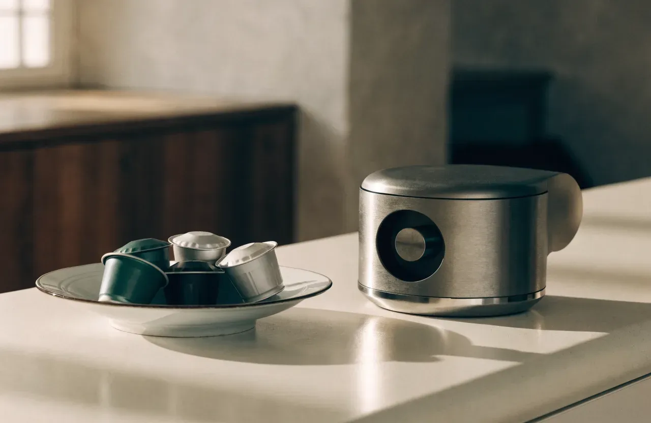 Une petite machine à capsules sur un plan de travail avec une rangée de capsules en aluminium colorées à côté et une tasse sous le bec
