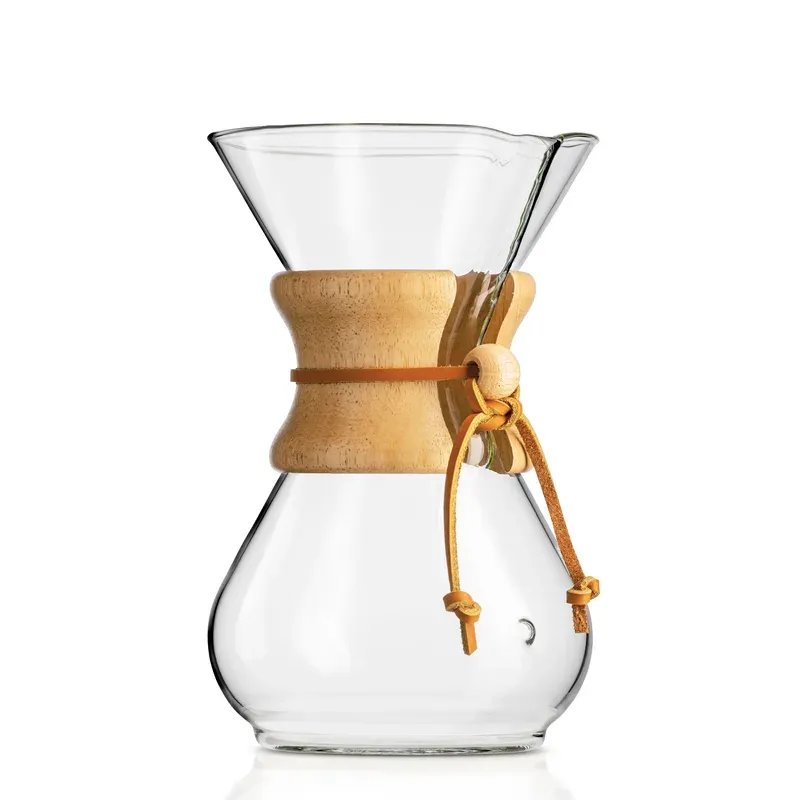 Chemex Classic six-cup glass coffeemaker with its wooden collar and leather tie, seen from the front
