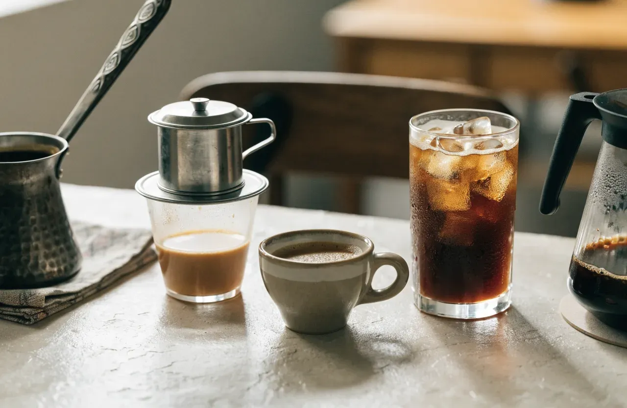 Une jebena en terre cuite, un cezve en laiton, un filtre phin en métal et une petite tasse à espresso blanche réunis sur une table