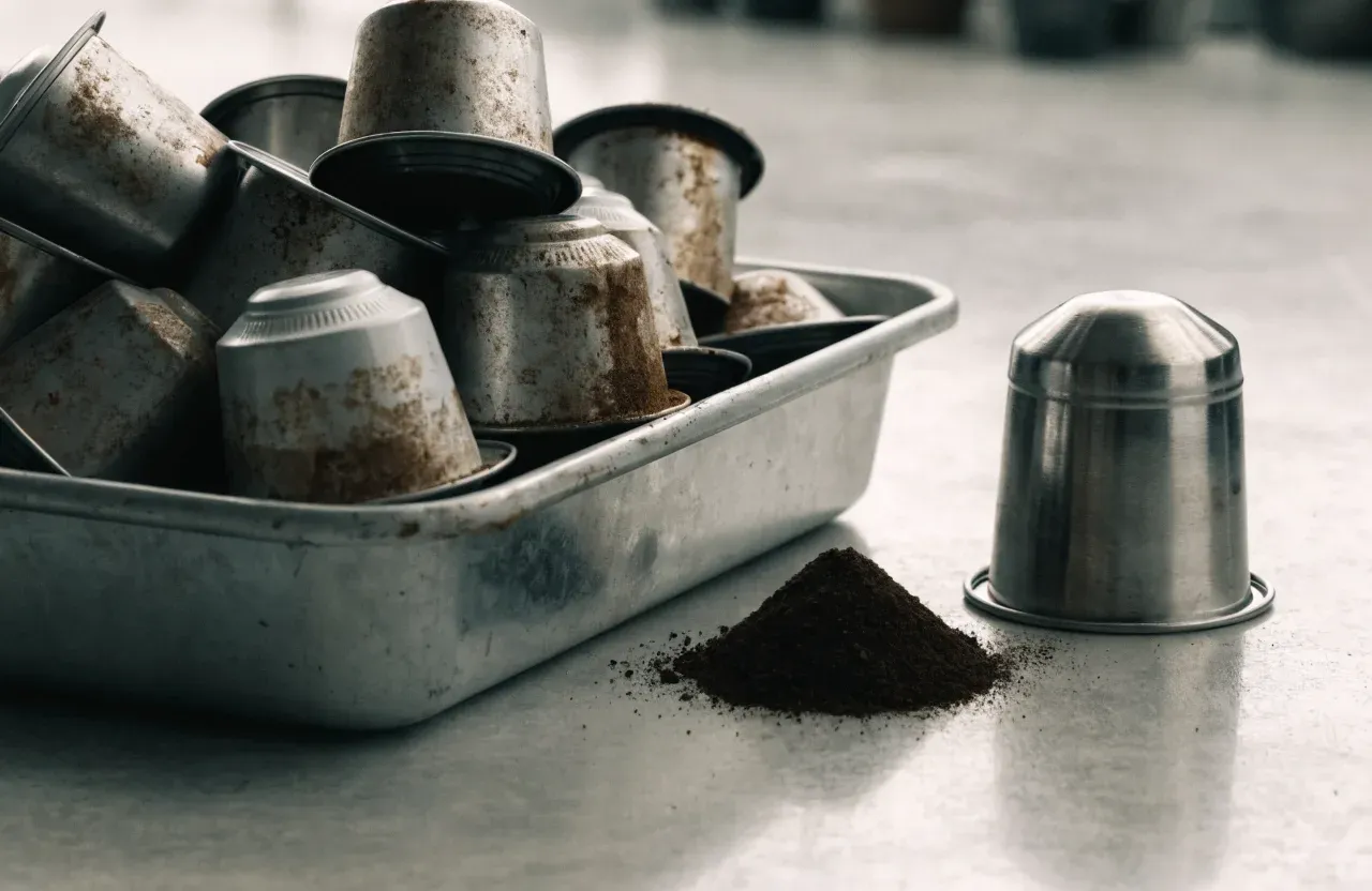 Une rangée de capsules de café en aluminium et en plastique sur un plan de travail, à côté d'une capsule rechargeable en acier ouverte et d'un petit tas de café moulu