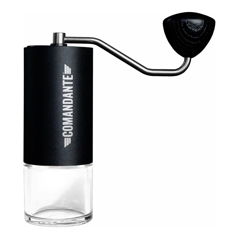 Comandante C40 MK4 hand grinder in black with a glass jar, seen from the side