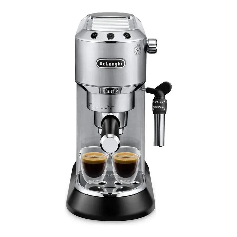 De'Longhi Dedica EC685 in stainless steel with two espresso glasses on the drip tray, seen from the front