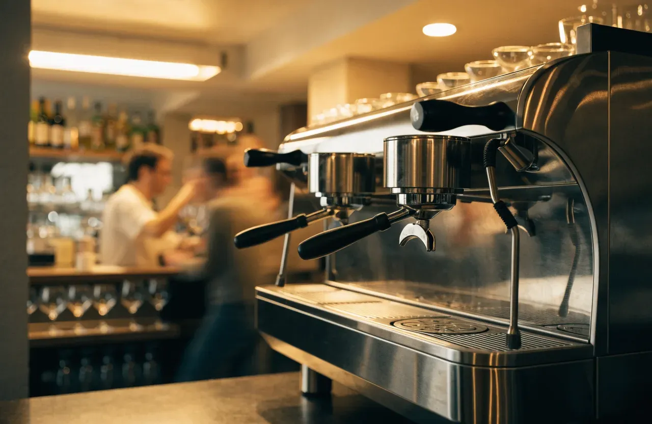 Une machine espresso de bar à deux groupes sur un comptoir, buse vapeur relevée, avec une pile de tasses qui chauffent sur le dessus
