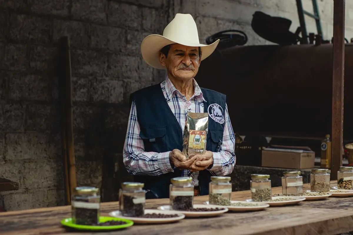 Un producteur âgé présente différentes graines et différents grains de café en plein air