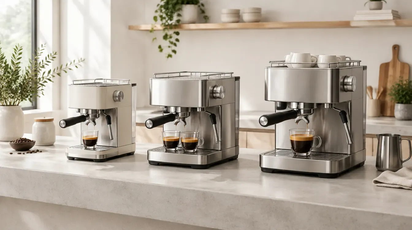Trois machines espresso domestiques de tailles différentes sur un plan de travail de cuisine