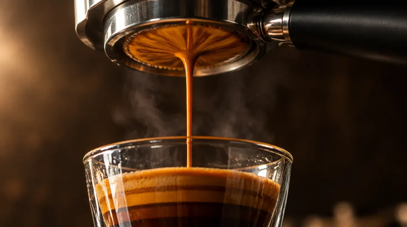 Une extraction d'espresso tombant d'un porte-filtre sans fond dans une tasse en verre