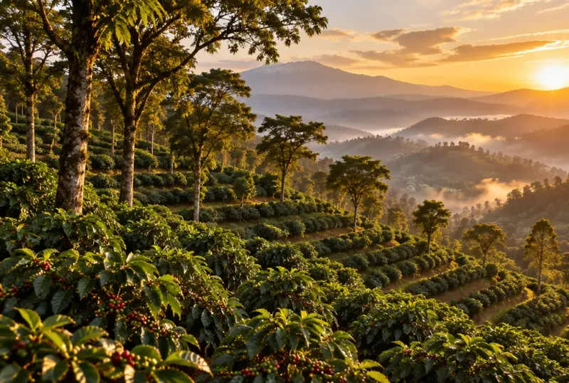 Terrasses de caféiers des hauts plateaux éthiopiens sous des arbres d'ombrage à l'heure dorée