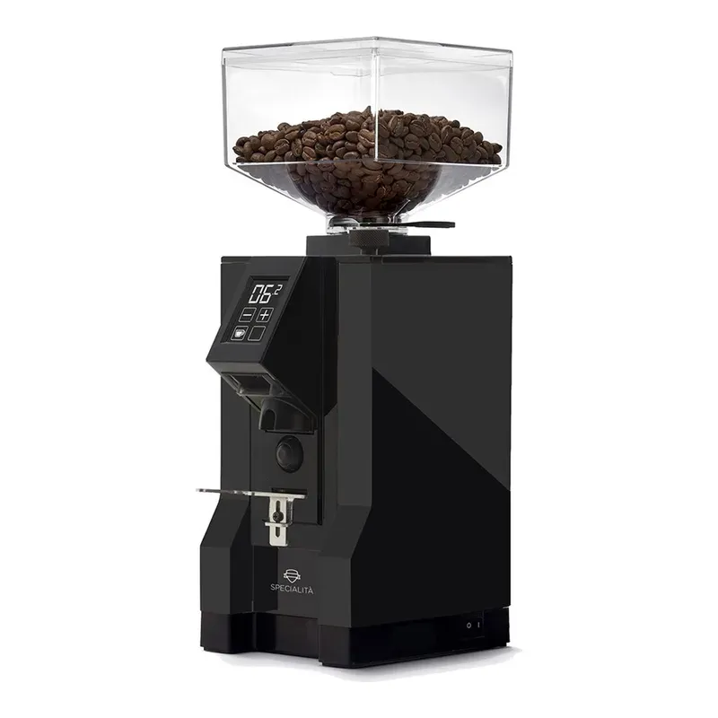 Eureka Mignon Specialità grinder in matte black with a full bean hopper, seen at a three-quarter angle