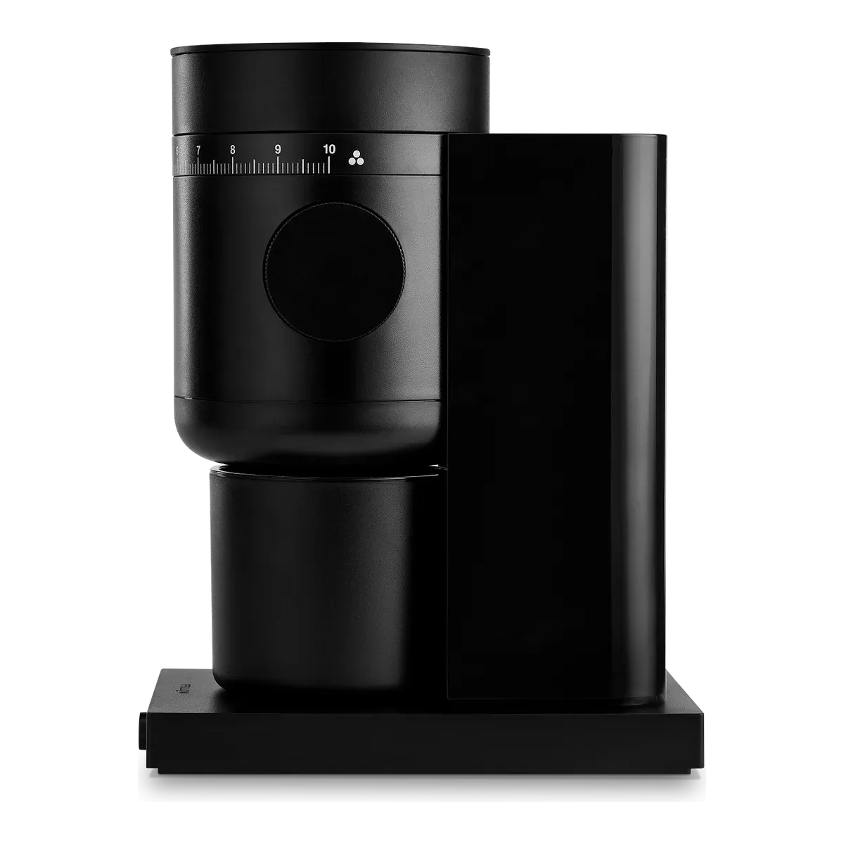 Fellow Opus 2 conical burr grinder in matte black, seen side-on with its numbered grind dial