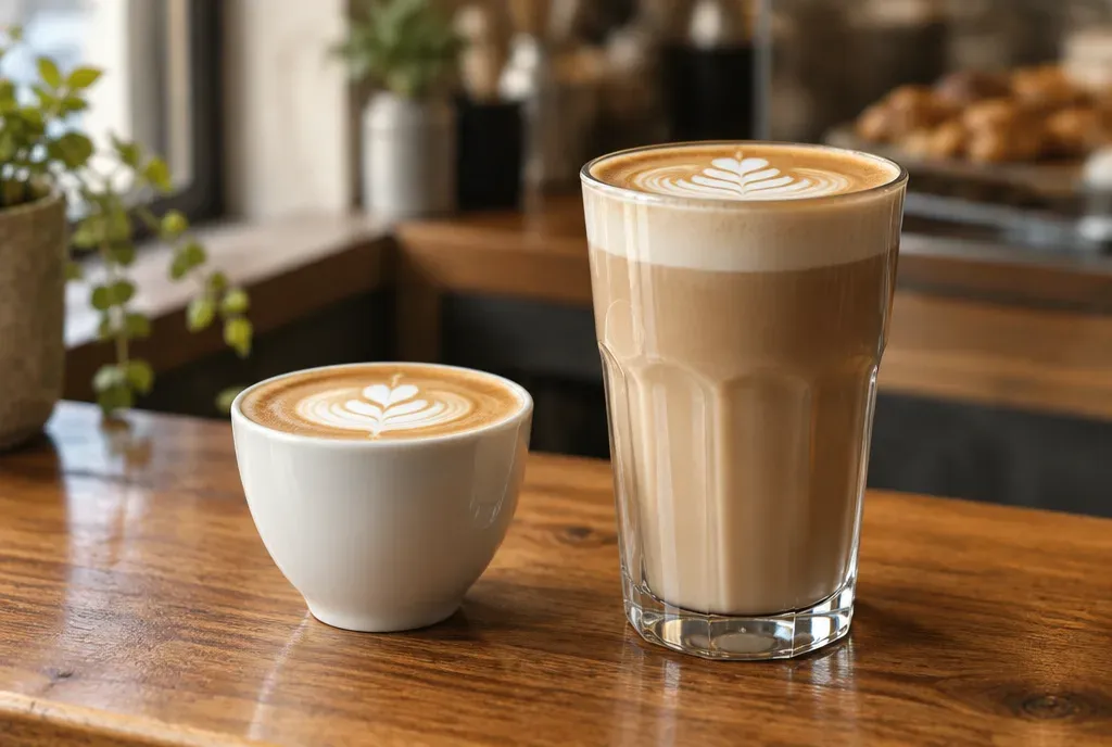 Un flat white dans une petite tasse à côté d'un grand verre à latte, la différence de taille bien visible