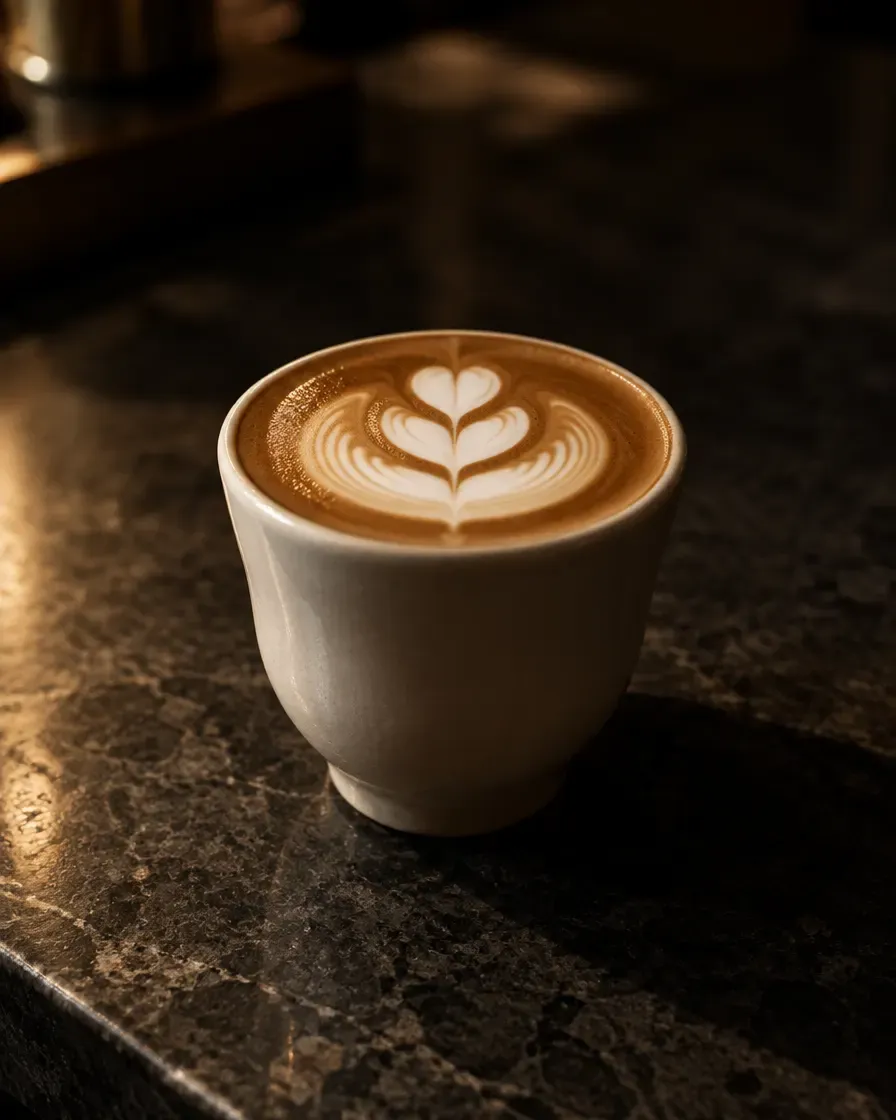 Un flat white dans une tasse tulipe, avec une tulipe de latte art bien serrée