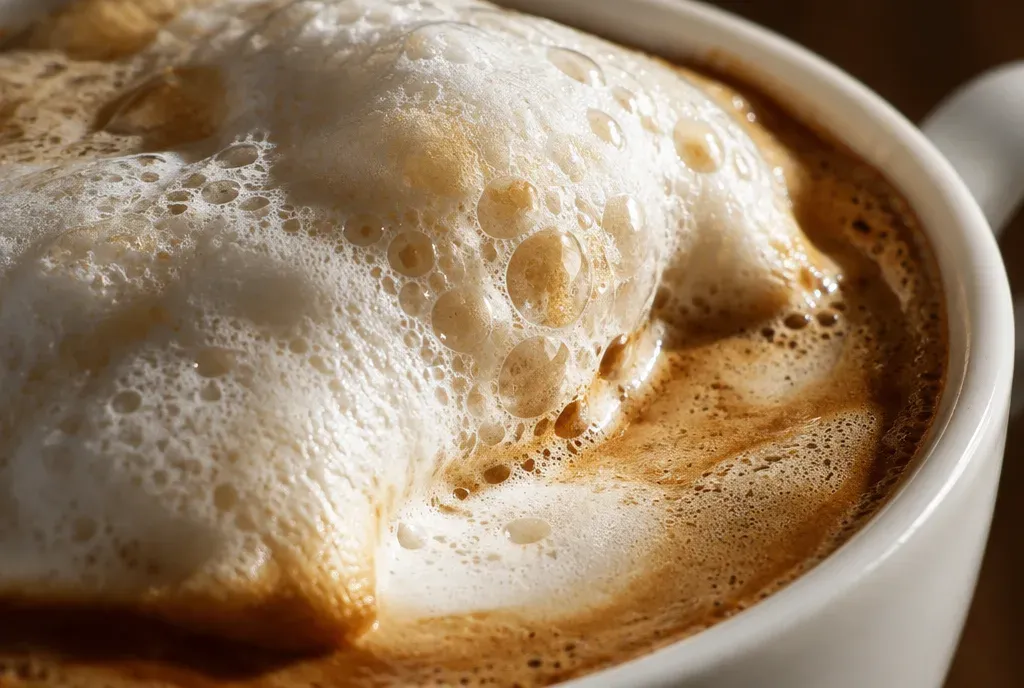 Gros plan d'une mousse sèche à grosses bulles se disloquant à la surface d'un cappuccino