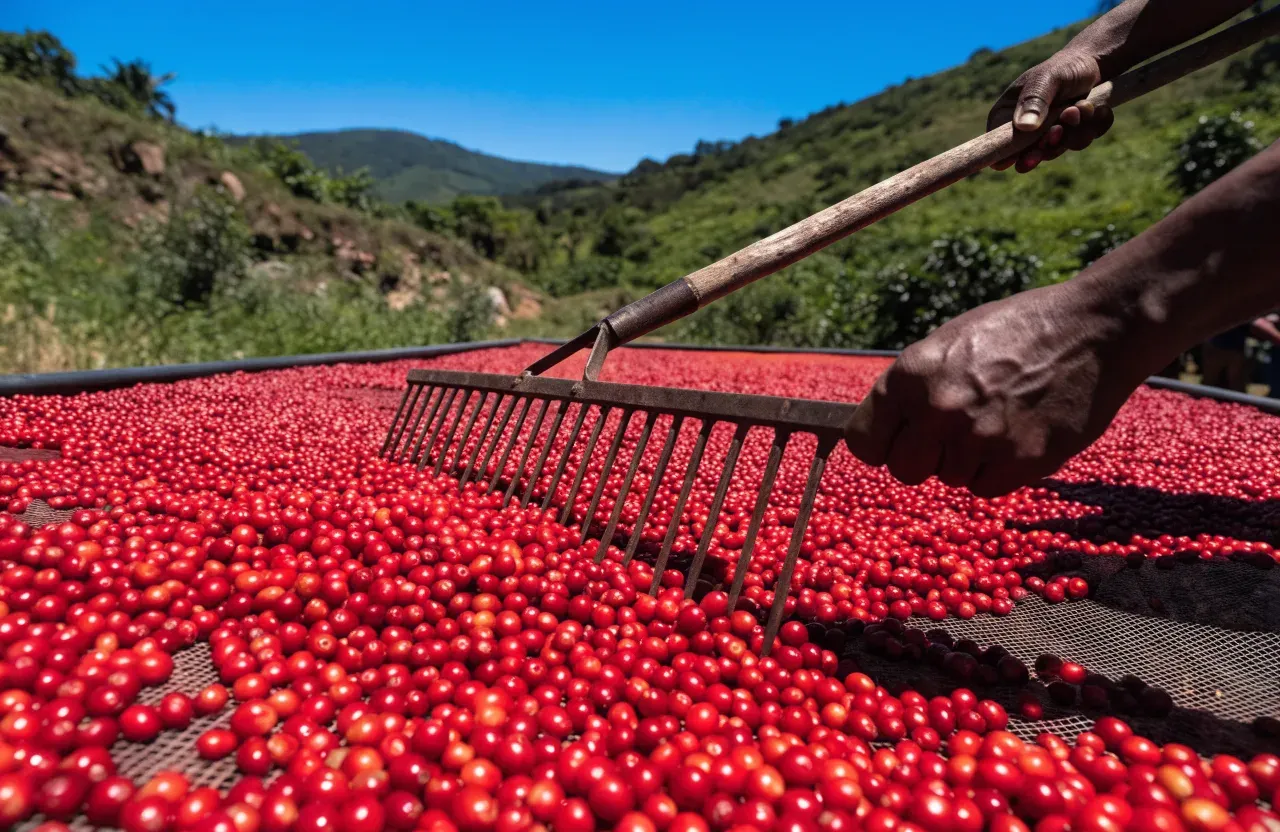 Des cerises de café rouges séchant sur un lit surélevé en toile, à côté d'un plateau de café en parche vert pâle