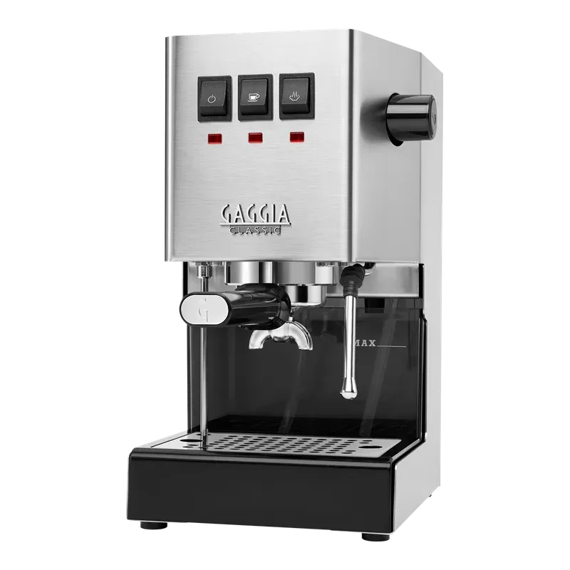 Gaggia Classic Evo Pro in brushed stainless steel, seen from the front at a three-quarter angle
