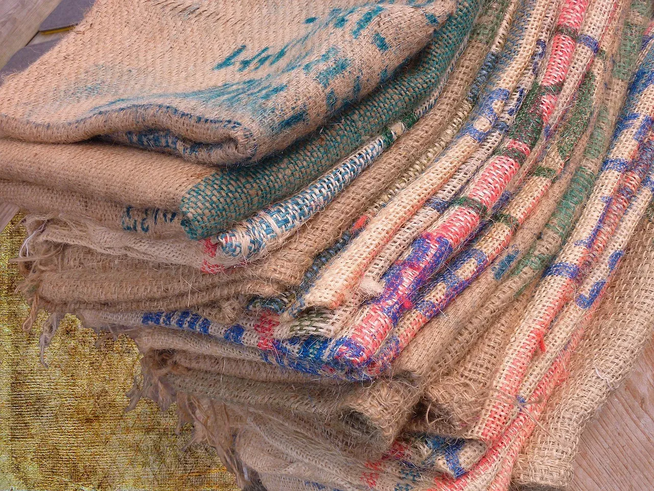 Une pile de sacs de jute à café vides, marqués au pochoir aux noms des fermes et des usines dont ils viennent