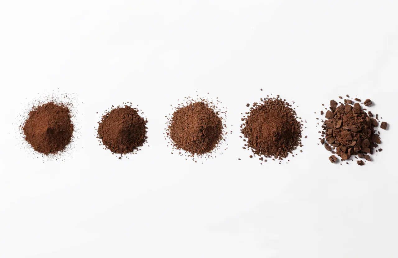Cinq petites coupelles de café moulu alignées de la finesse espresso à la grossièreté cold brew sur un plan de travail sombre