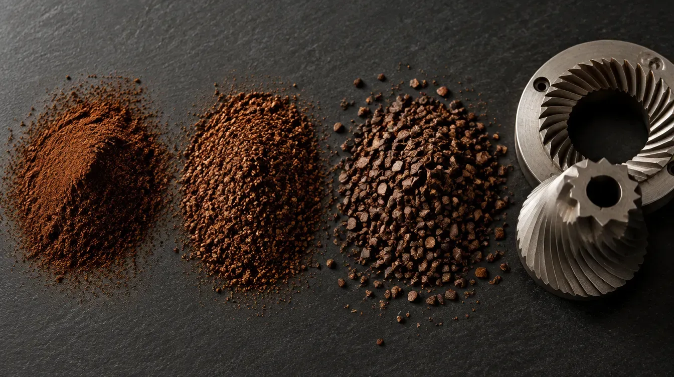 Trois tas de café moulus à des tailles différentes à côté d'un jeu de meules en acier