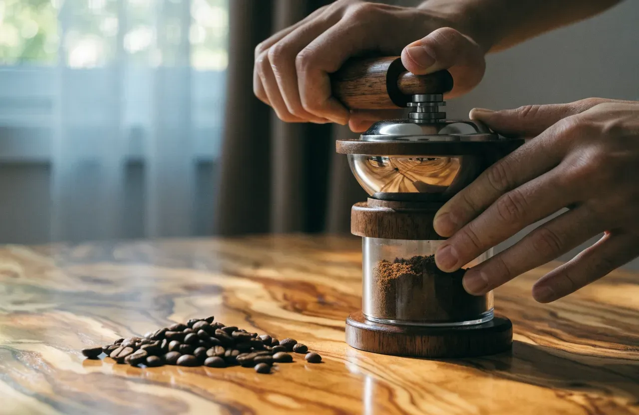 Un moulin manuel en acier inoxydable démonté sur un plan de travail, à côté de son jeu de meules et d'un godet de café moulu