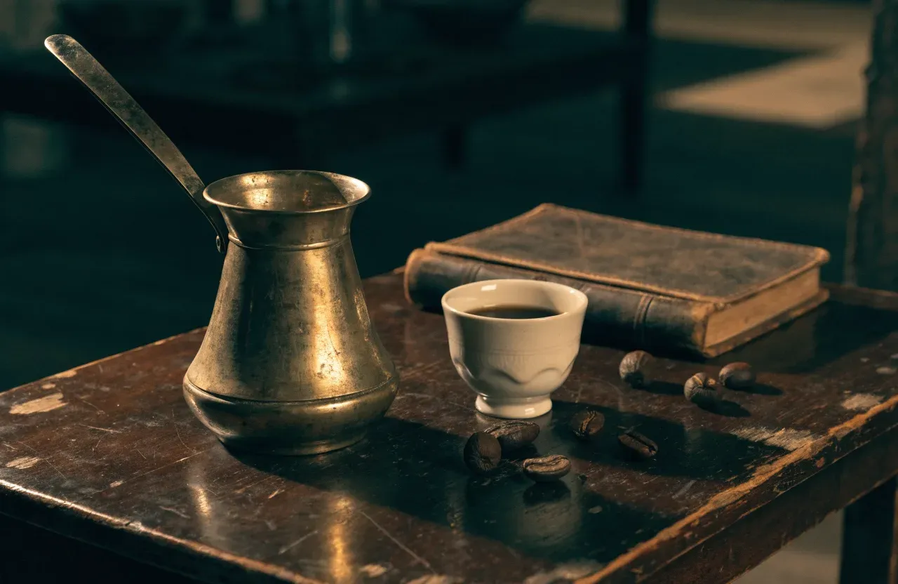 Un vieux cezve en laiton, une jebena en terre cuite et une poignée de grains de café vert posés sur une table en bois usée
