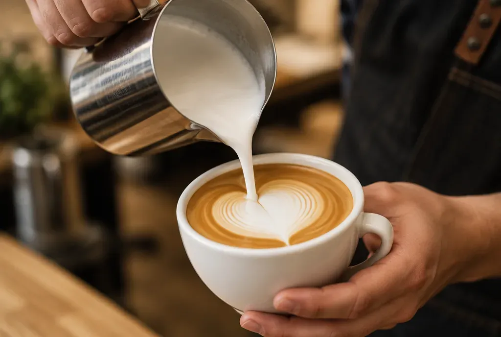 Une barista versant une microfoam brillante d'un pichet en acier dans une tasse blanche, un cœur se formant à la surface