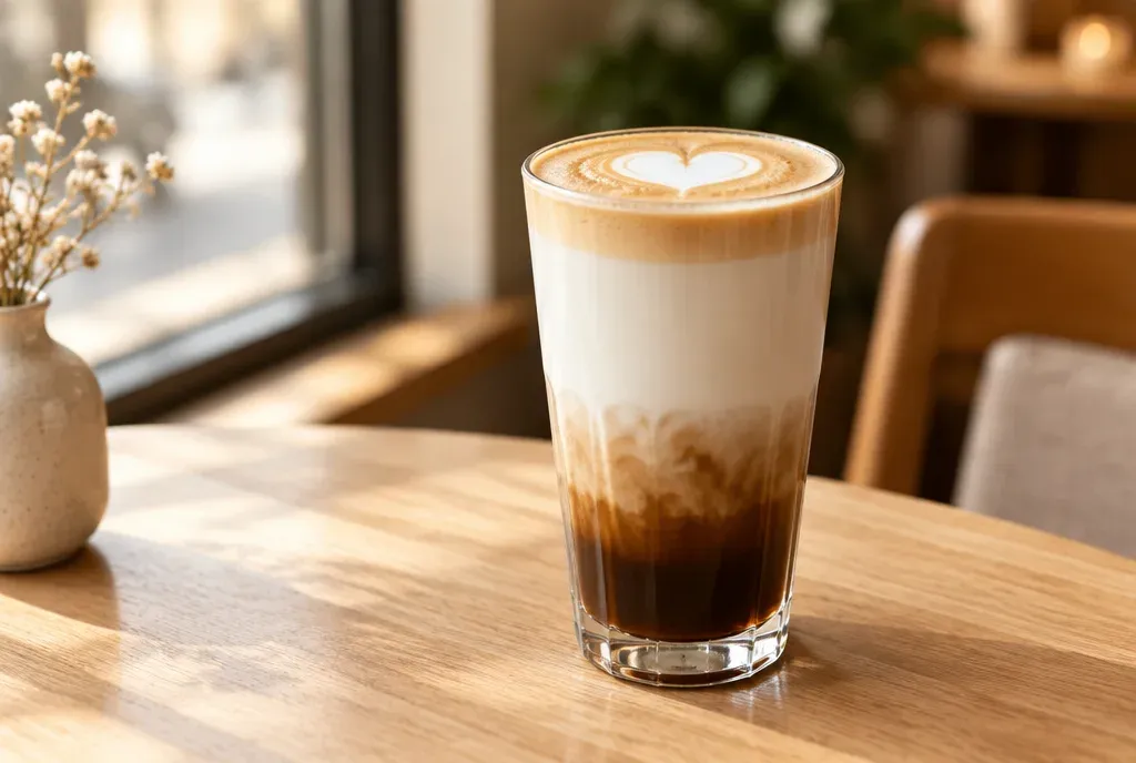 Un caffè latte dans un grand verre, l'espresso en couche sous le lait chaud, avec un cœur versé dessus