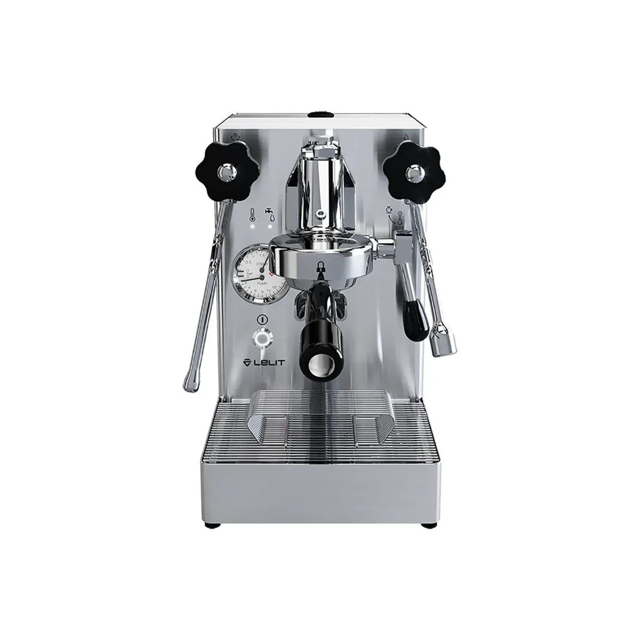 Lelit Mara X V2 espresso machine in brushed stainless steel, seen from the front with its portafilter locked in