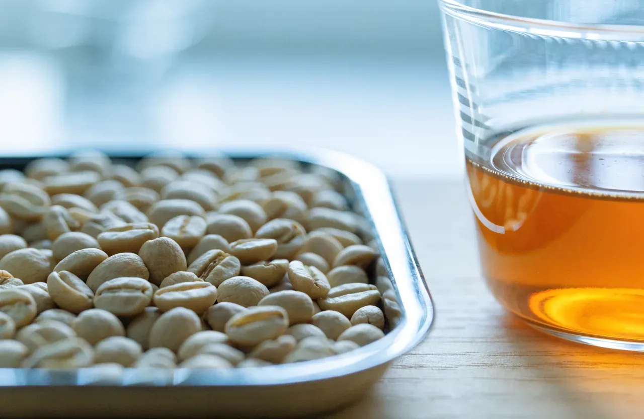 Un plateau de grains de café pâles, légèrement torréfiés, à côté d'un verre de café filtre ambré et lumineux