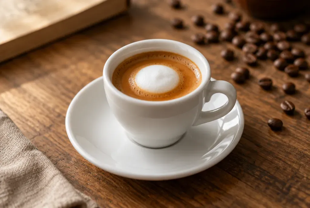Un espresso macchiato dans une demitasse blanche, une cuillerée de mousse marquant la crema
