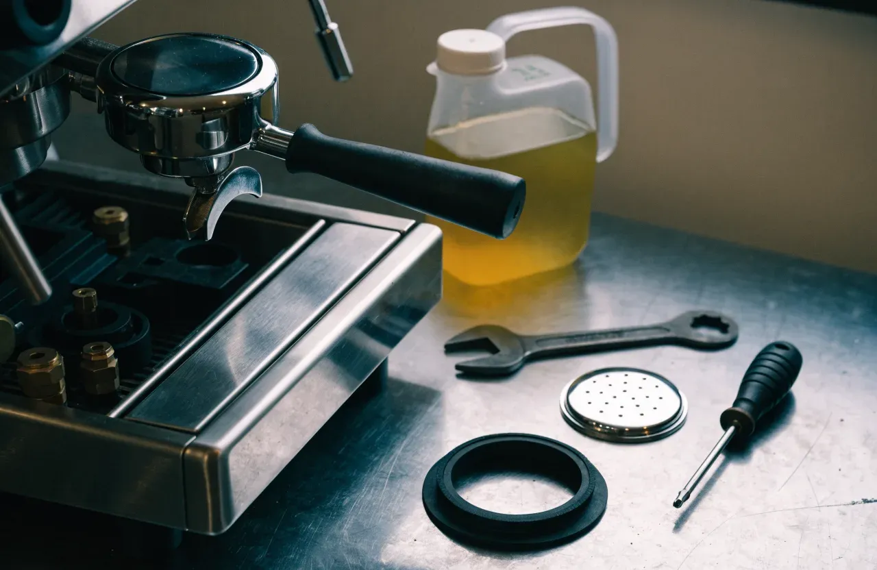 Une machine espresso panneau supérieur déposé, laissant voir la chaudière et la tuyauterie, avec des joints de rechange et un flacon de détartrant à côté