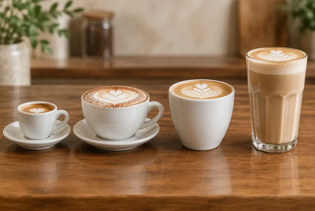 Un macchiato, un cappuccino, un flat white et un latte alignés sur un comptoir, du plus petit au plus grand