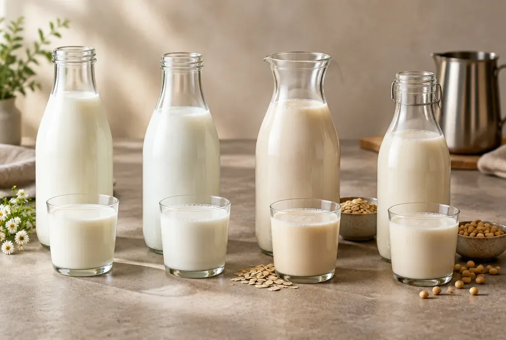 Des bouteilles de lait entier, demi-écrémé, d'avoine et de soja sur un plan de travail, chacun versé dans un verre à côté d'un pichet à lait en inox
