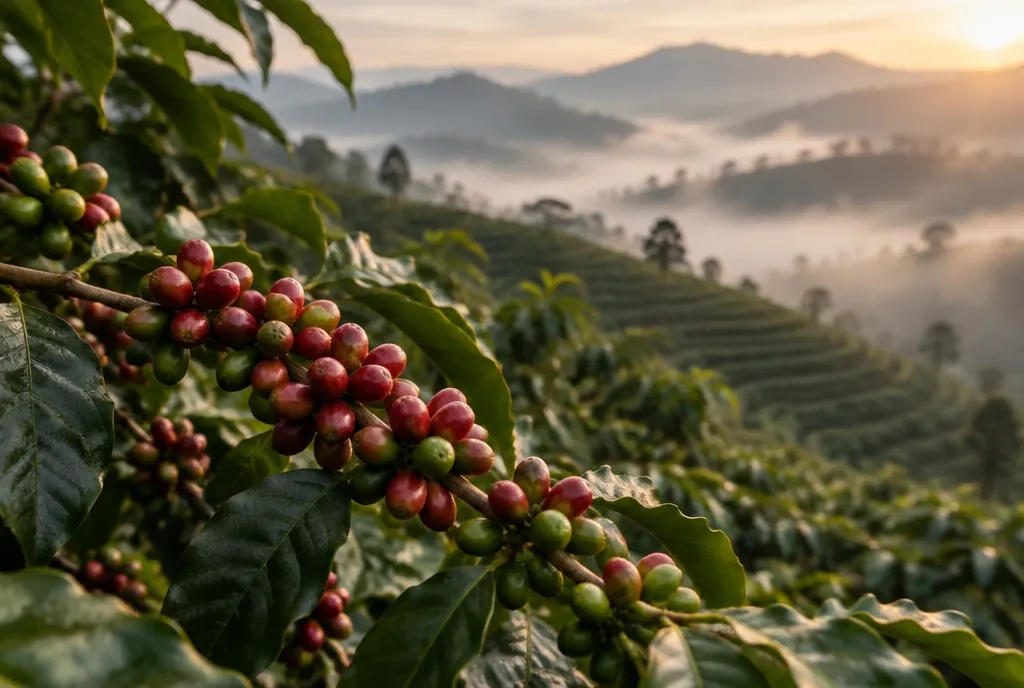 Ripening coffee cherries on a hillside farm, above valleys in morning mist