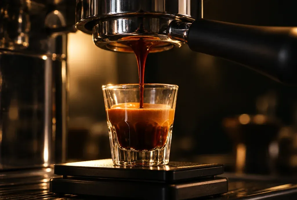 Un ristretto court coulant d'un porte-filtre dans un verre posé sur une balance