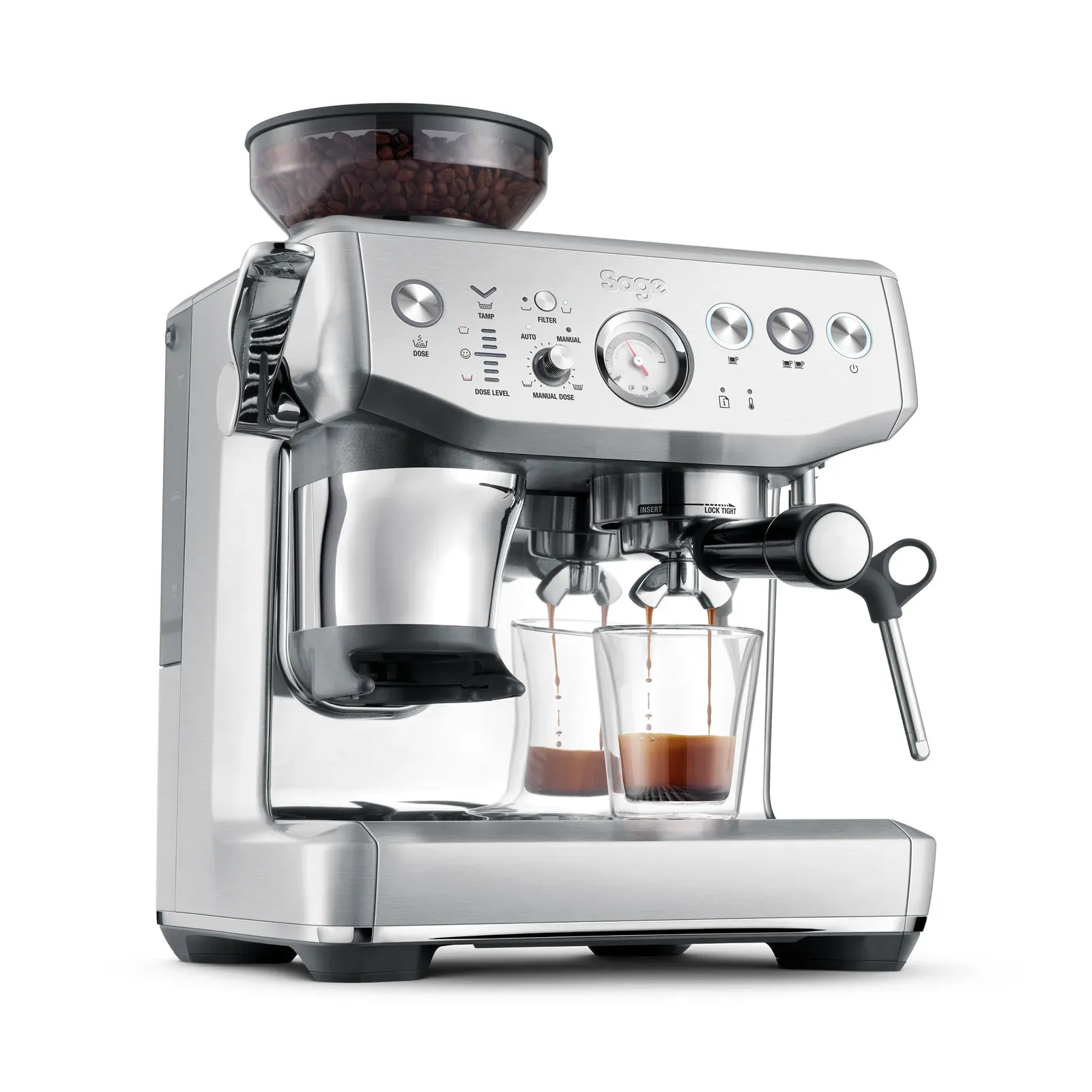 Sage Barista Express Impress in brushed stainless steel, seen at an angle with two shots running into glasses