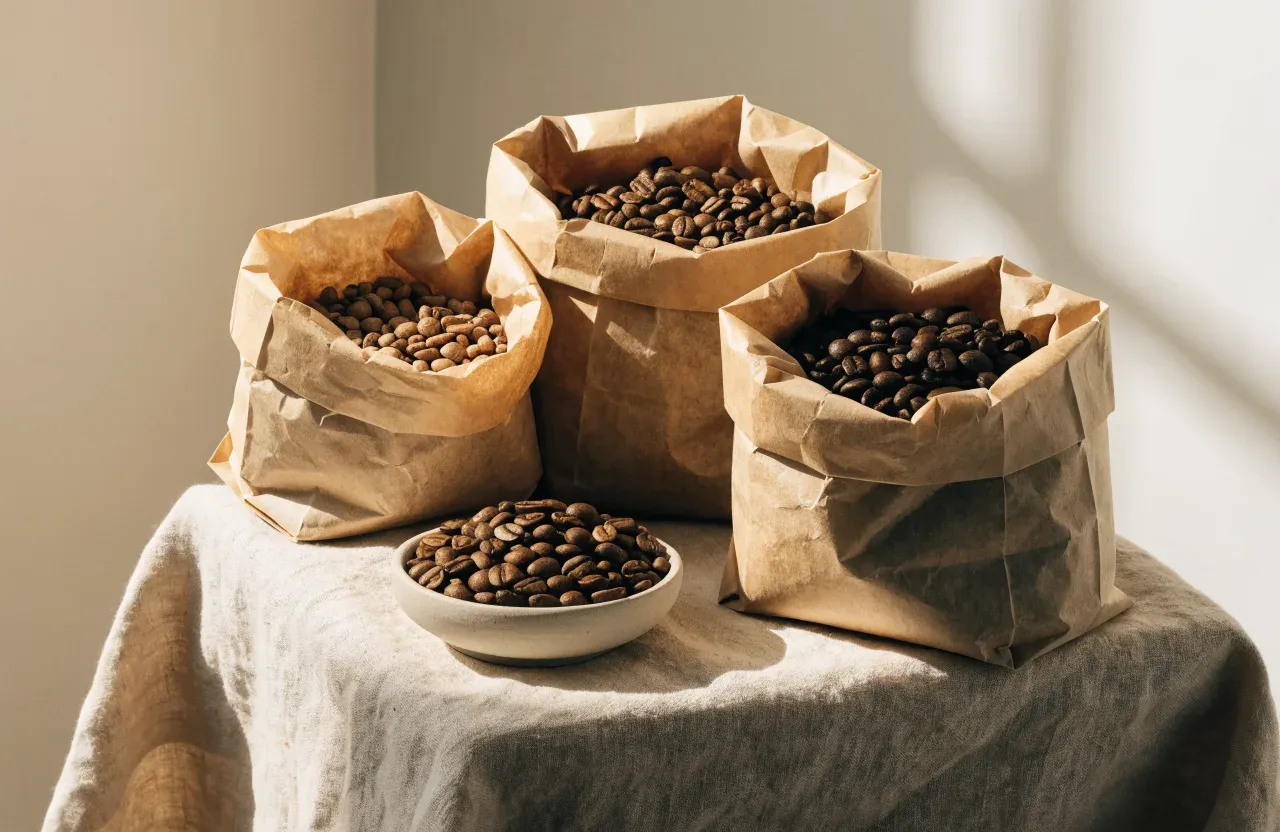 Trois sachets ouverts de café torréfié à côté d'un quatrième, avec les grains de chacun versés dans de petits bols sur un comptoir en bois